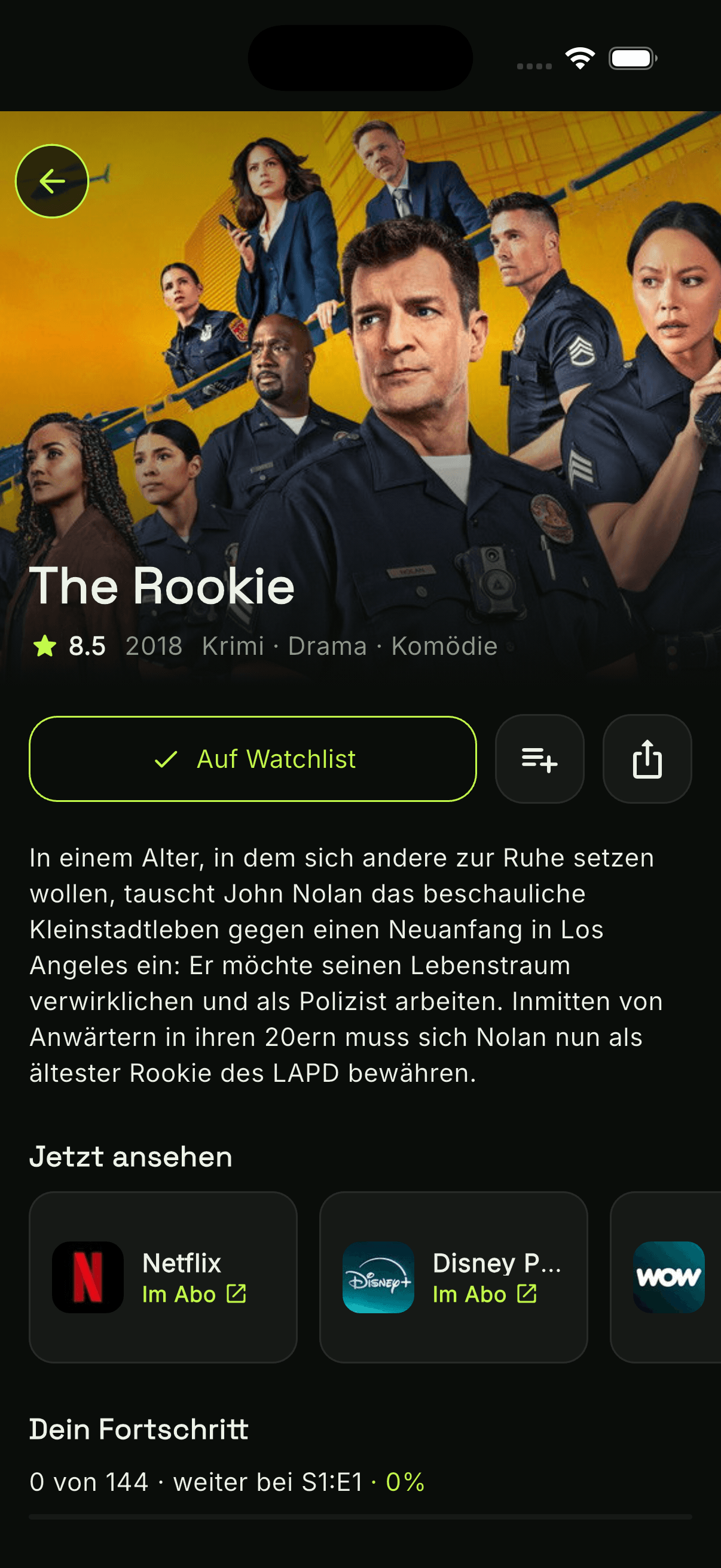 watchUp Detailseite mit Streaming-Anbietern zum direkten Öffnen