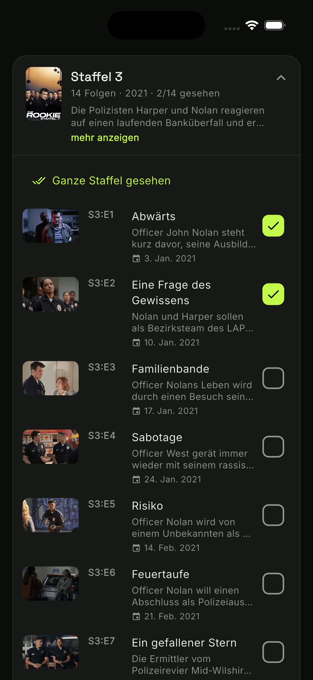 Episodenliste in watchUp mit abgehakten Folgen und „Ganze Staffel gesehen"