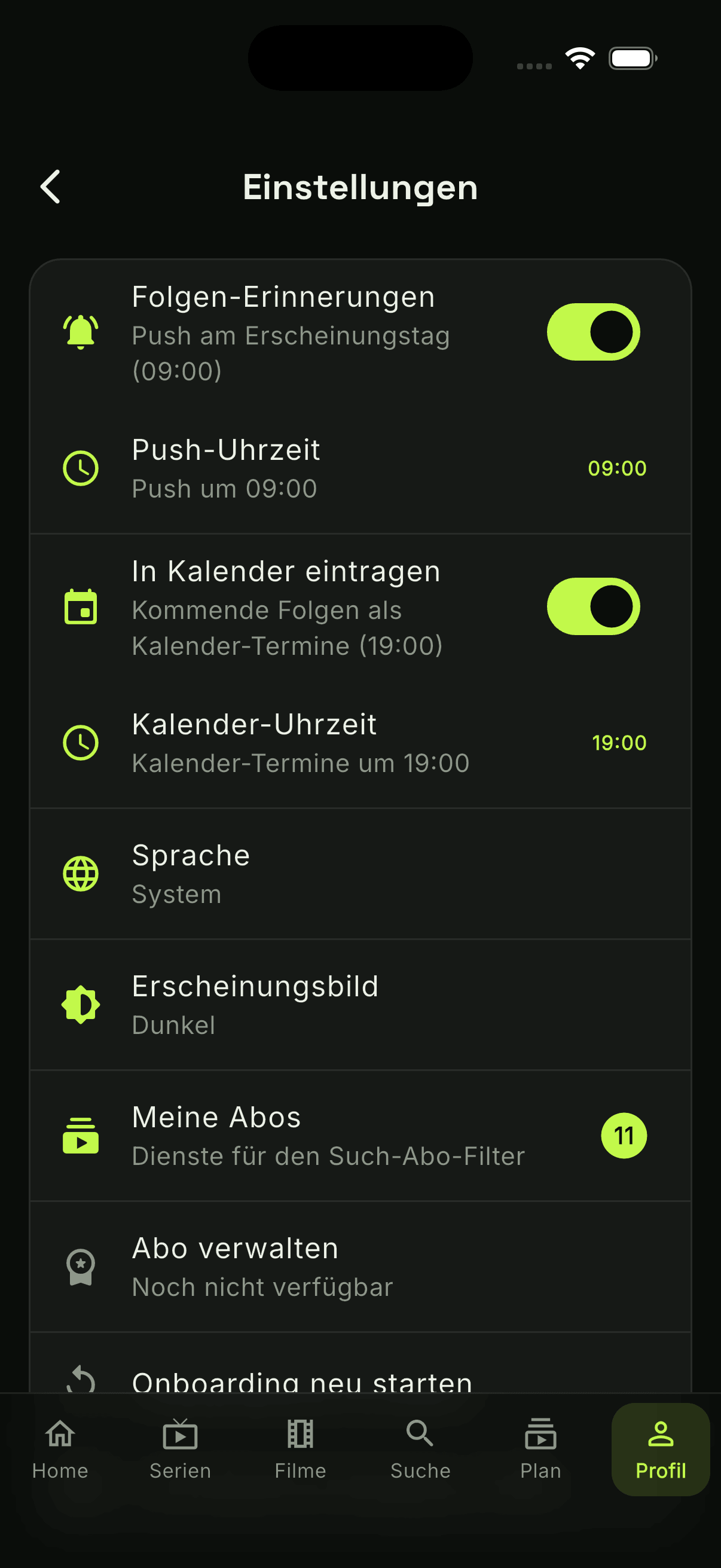 Erinnerungs- und Kalender-Einstellungen in watchUp