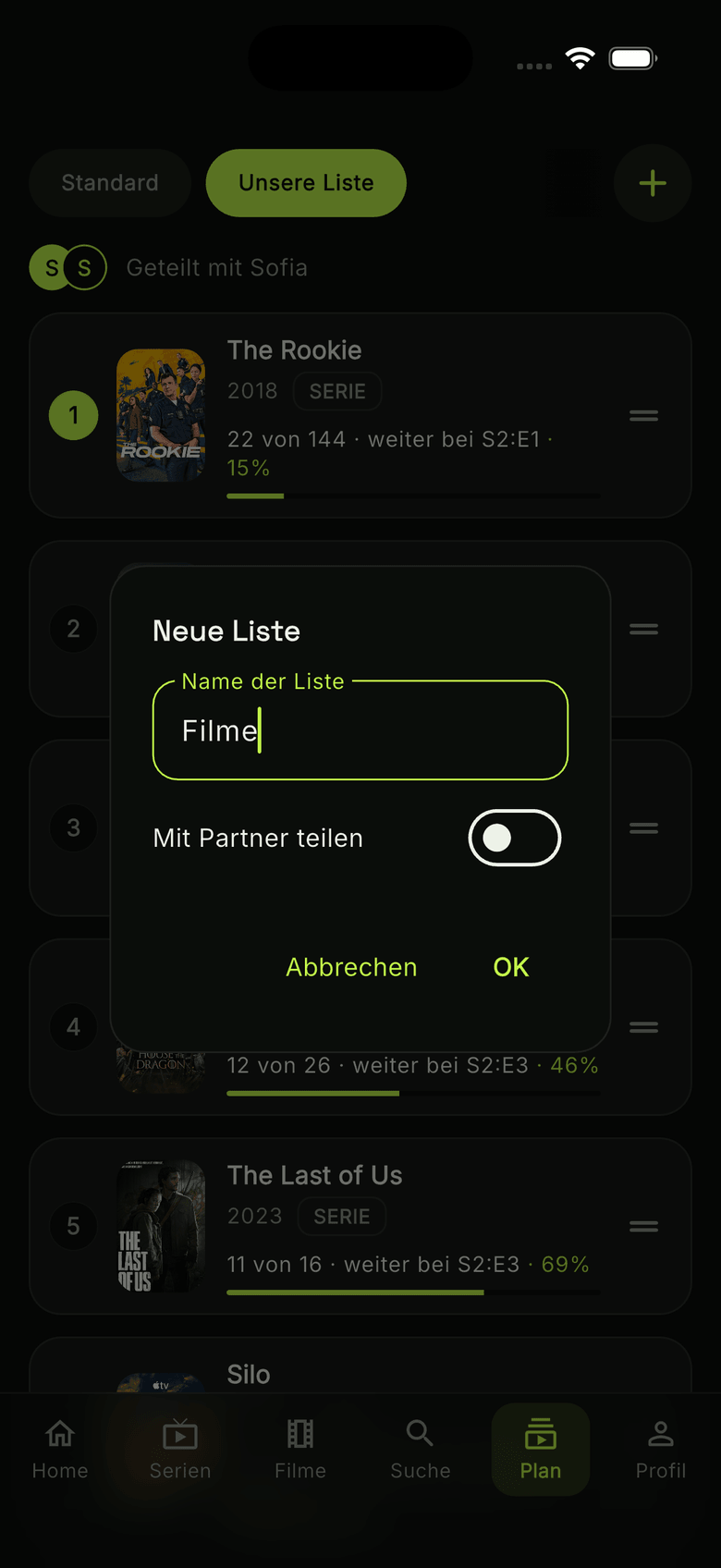 watchUp: neue Liste anlegen und teilen