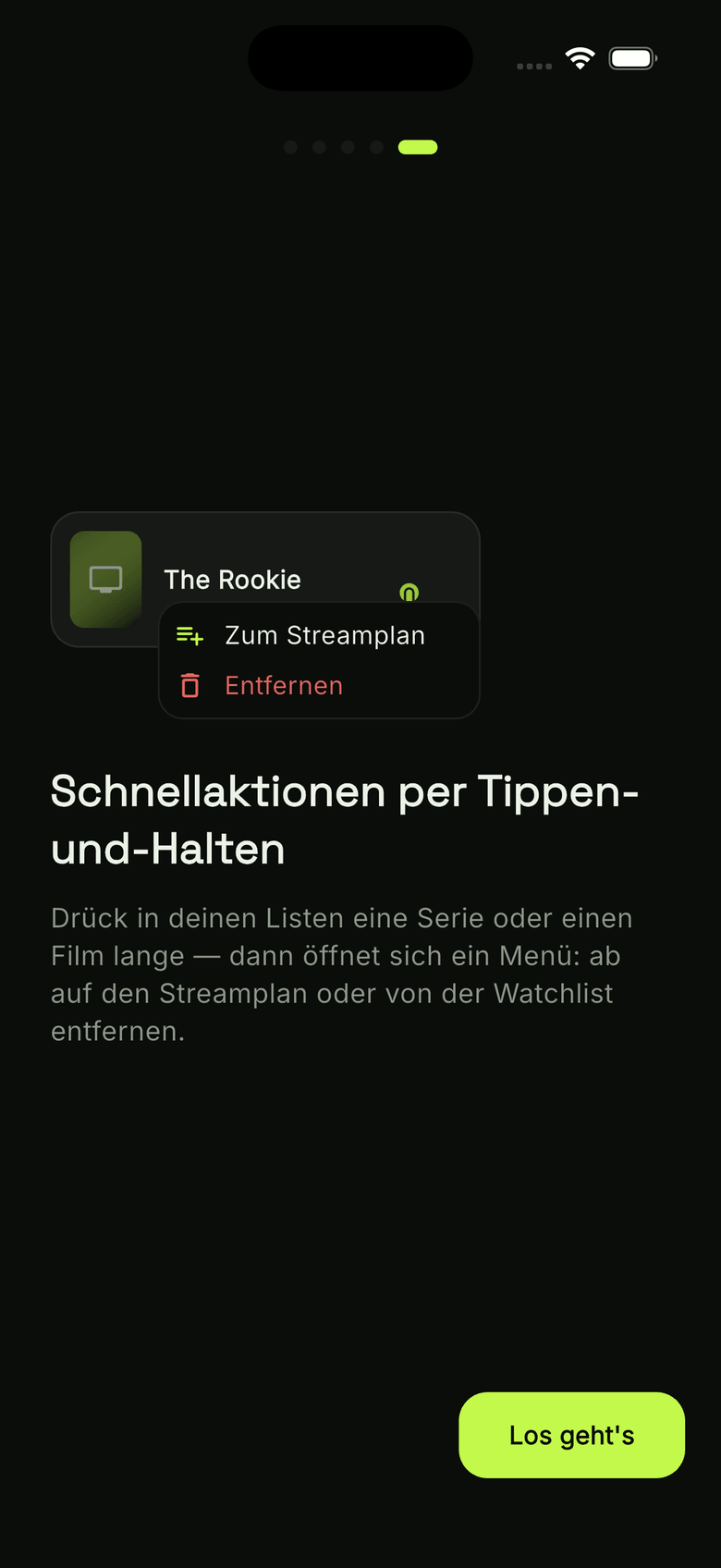 watchUp Onboarding: Schnellaktionen per Tippen und Halten