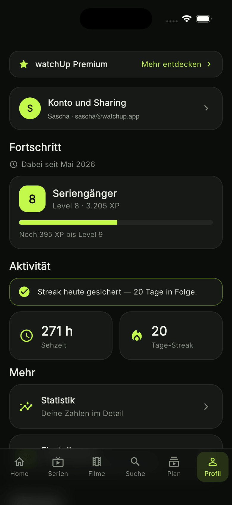 watchUp Profil mit Level und Streak