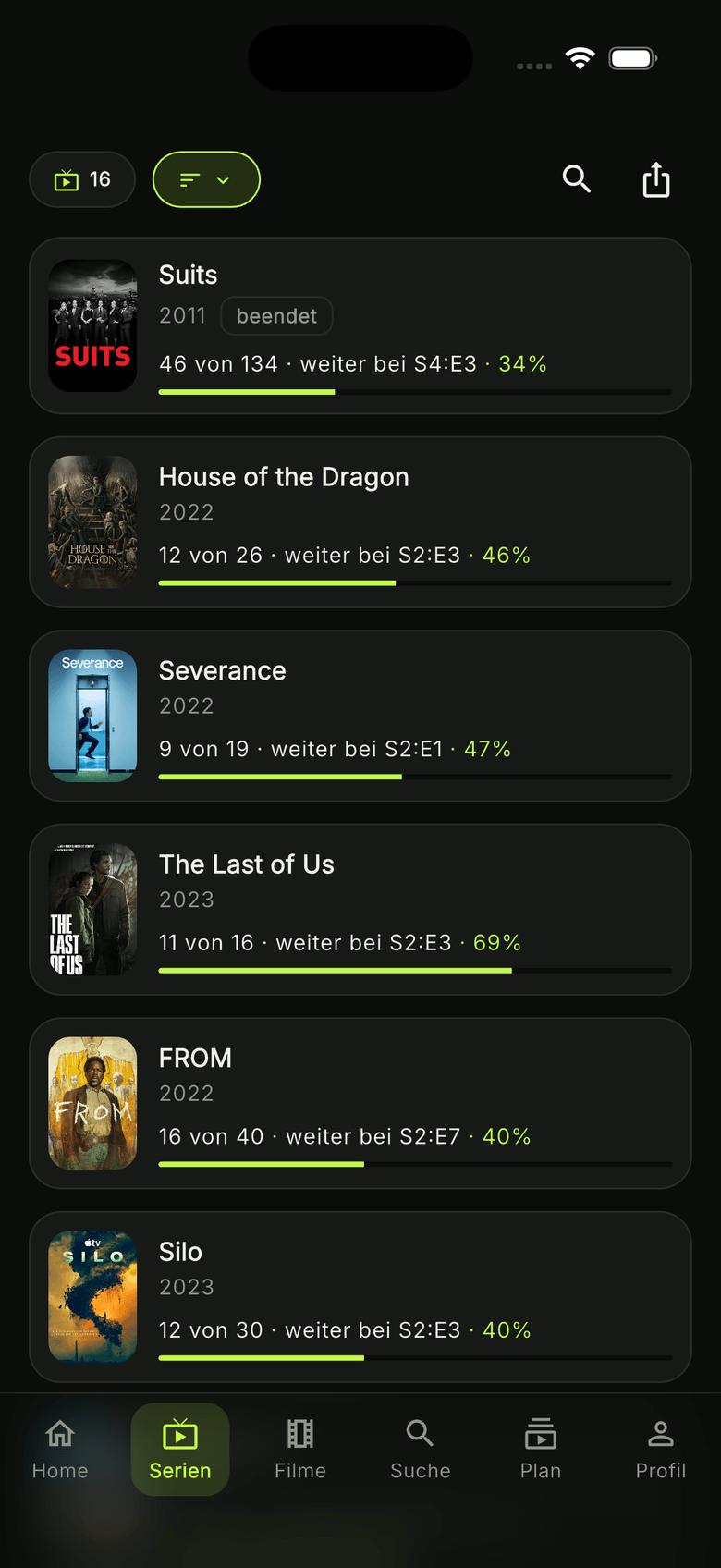 watchUp Serienliste mit Fortschrittsbalken und nächster Folge je Serie