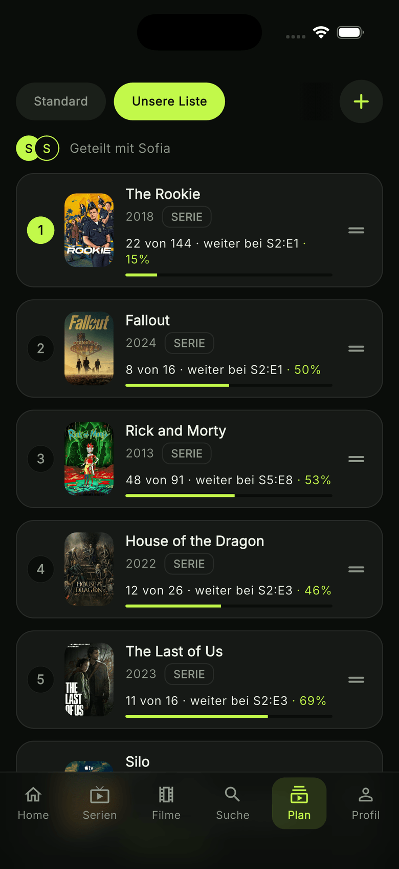 Streamplan in watchUp: nummerierte Liste mit Fortschritt, per Drag & Drop sortierbar