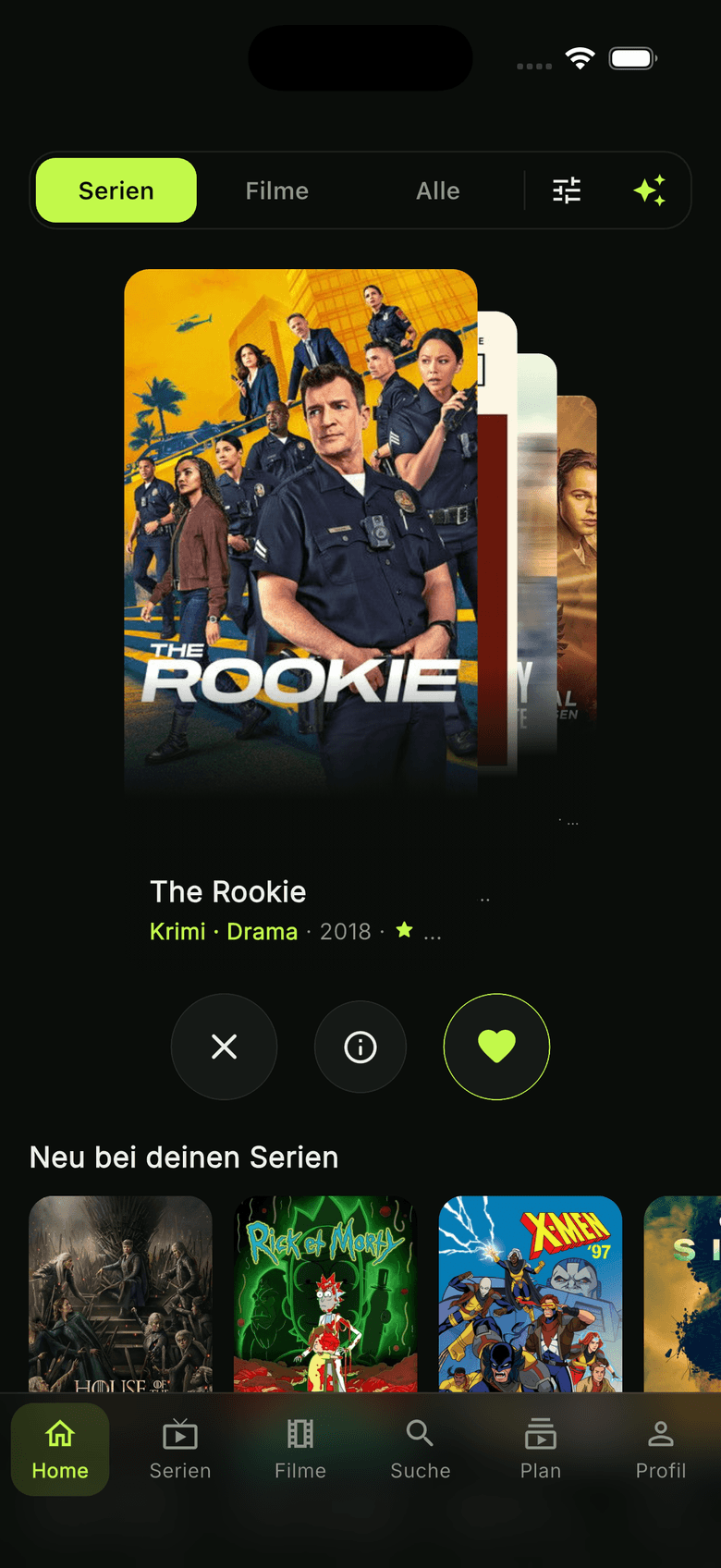 watchUp Swipe-Deck: The Rookie per Wisch auf die Watchlist legen