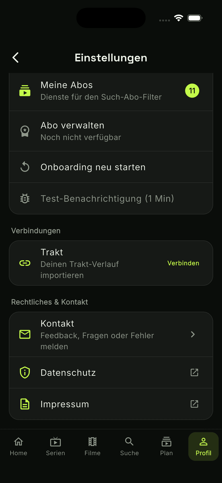 watchUp Einstellungen mit Trakt-Verbindung